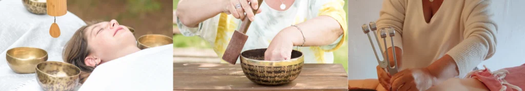 Bande de 3 photos présentant différentes utilisations des bols tibétains et des diapasons thérapeutiques